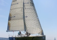 Ein Segelboot mit weißem, gehisstem Großsegel und Vorsegel fährt bei Sonnenschein auf offener See.